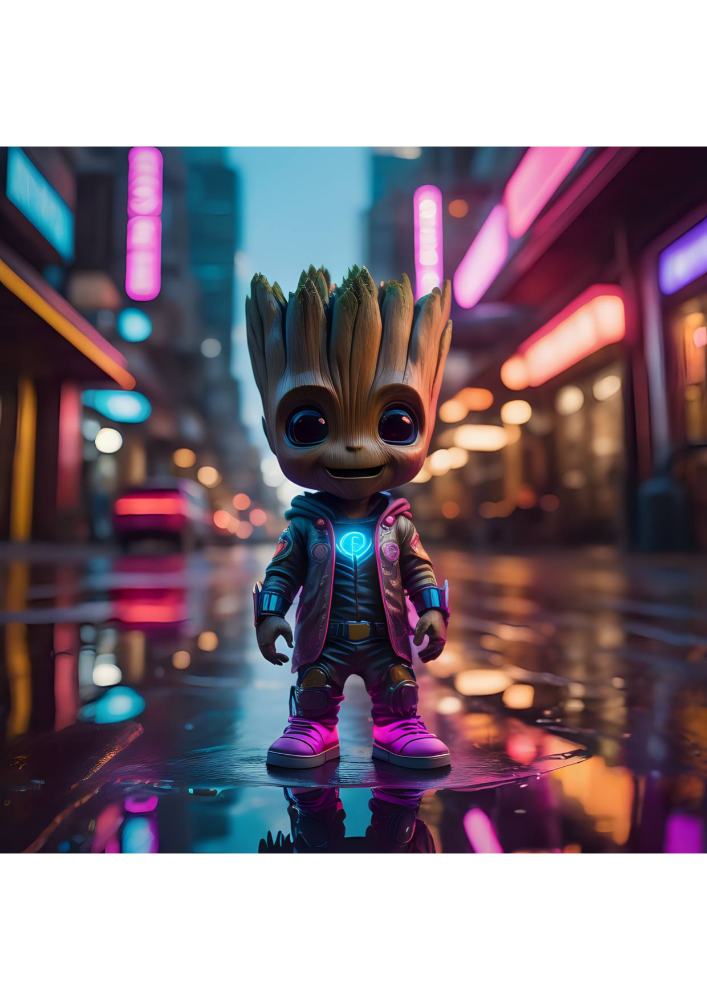 Prompt van Baby Groot<br /><br />In a whimsical twist of fate, Baby Groot from Marvel finds himself amidst a neon-lit wonderland. This tiny, sprouting hero stands beneath a rain-soaked, retrofuturistic cityscape, glowing with nostalgic neon signs. The raindrops bead on his miniature branches as he looks up with wide-eyed wonder, a charming fusion of innocence and the enigmatic wisdom of his full-sized self. Shot with the Leica Q2 from a low angle in the style of Tom Harris, this composition captures the essence of neon dreams in a pint-sized package. Neon reflections dance on the wet pavement around him, and the entire scene radiates a unique blend of synthwave aesthetics and urban fantasy, as Baby Groot explores this miniature neon-lit world.